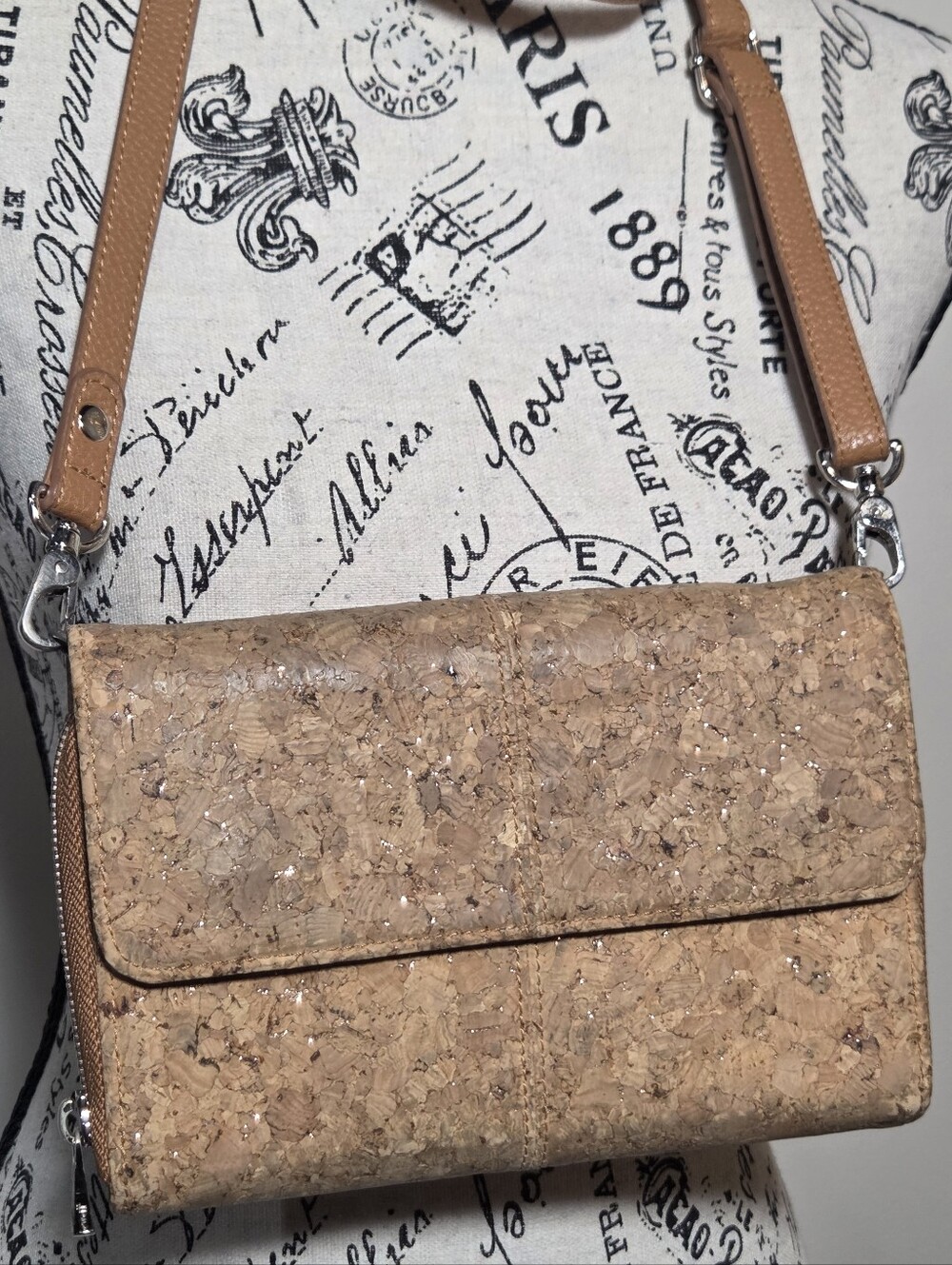 Cork Crossbody Wristlet Snap Flap Purse Jewell Zip Around Organizer Handbag
